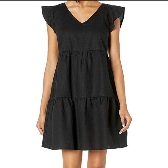Good threads, Pezet tiered, flutter sleeve, small black linen women dress - Picture 1 of 3